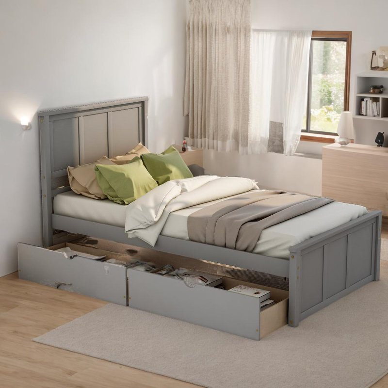 Lit plateforme simple avec 2 tiroirs, Gris