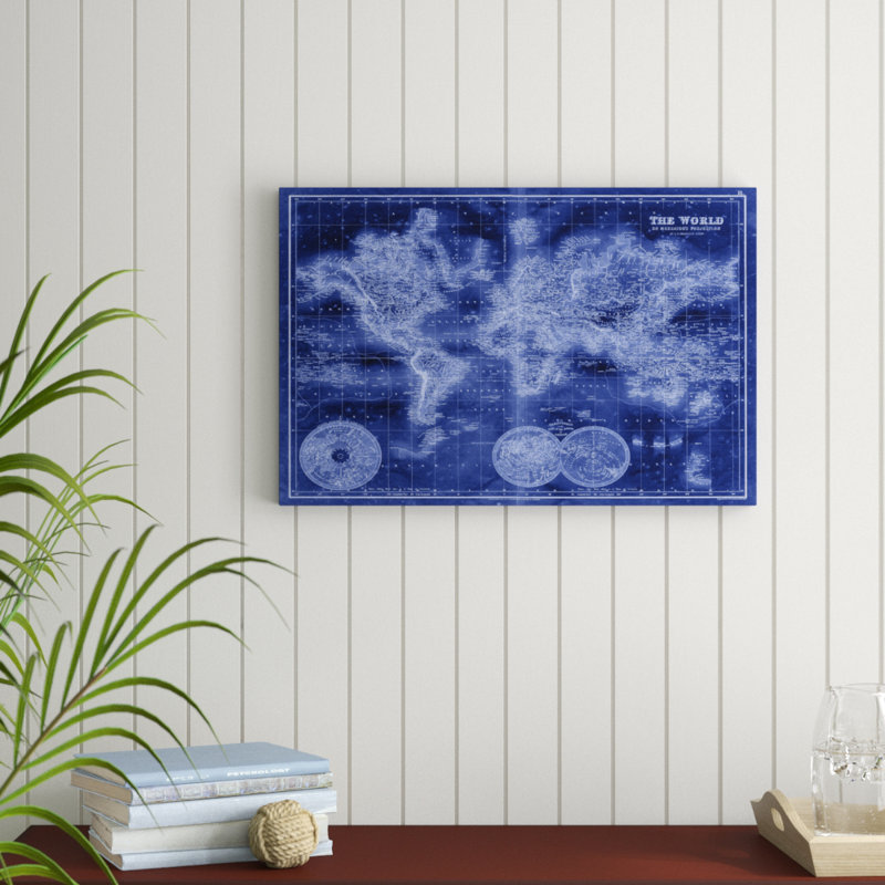 Indigo World Map by Unknown - Graphic Art Print, 51cm H x 76cm W, Wrapped Canvas