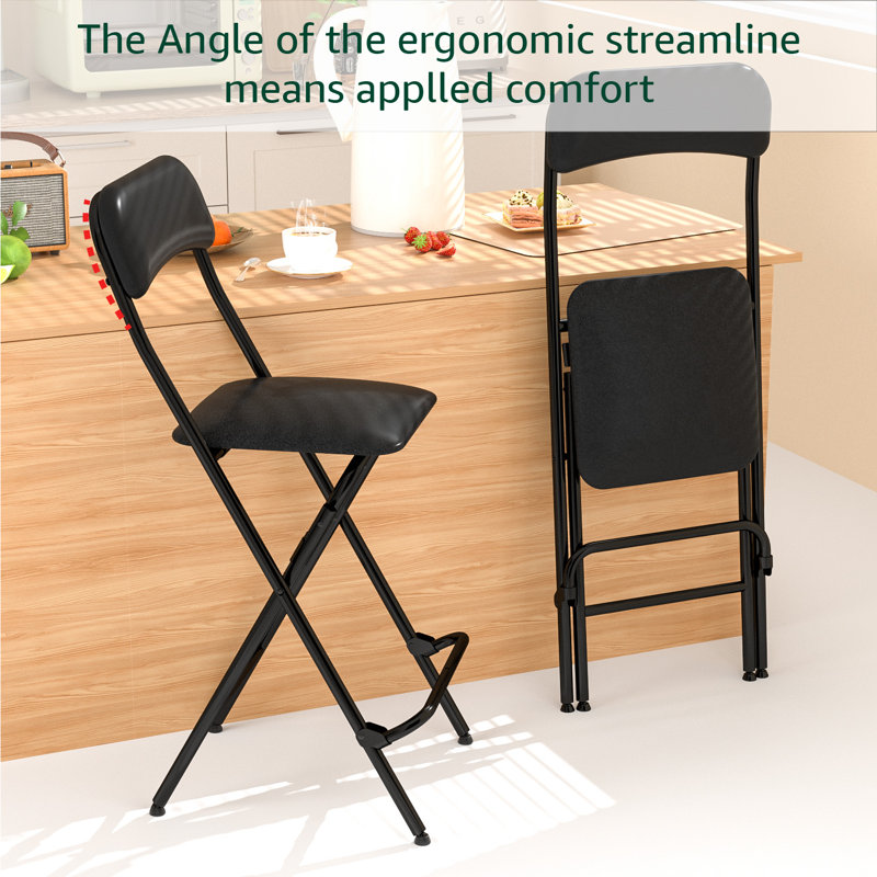 Upholstered Padded Folding Bar Stools with Footrest, Black