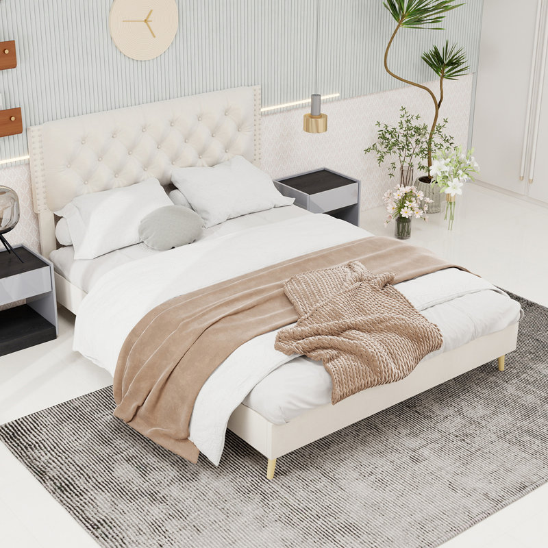 Lit tapissier en velours, Beige, Grand lit