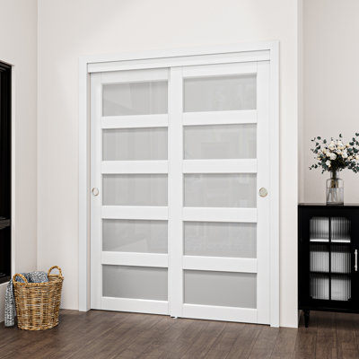 80"  5-Lite Style White  Frosted Glass Sliding Closet Door With Hardware Kit, Assembled Need 