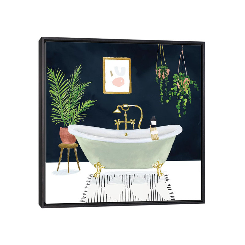 «Boho Bath I» par Victoria Borges - impression d'art graphique, Cadre flottant noir patiné, H 26 po x l 26 po x P 1,5 po