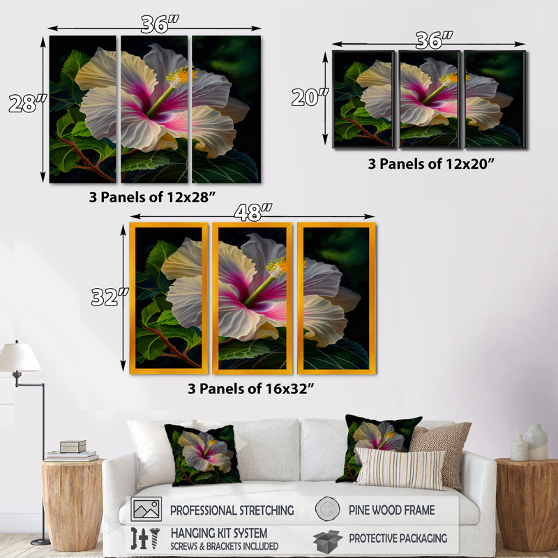 Blooming Pnk and Whte albscus - 3 pièces sur toile, L 48 po x H 32 po, Toile avec cadre doré