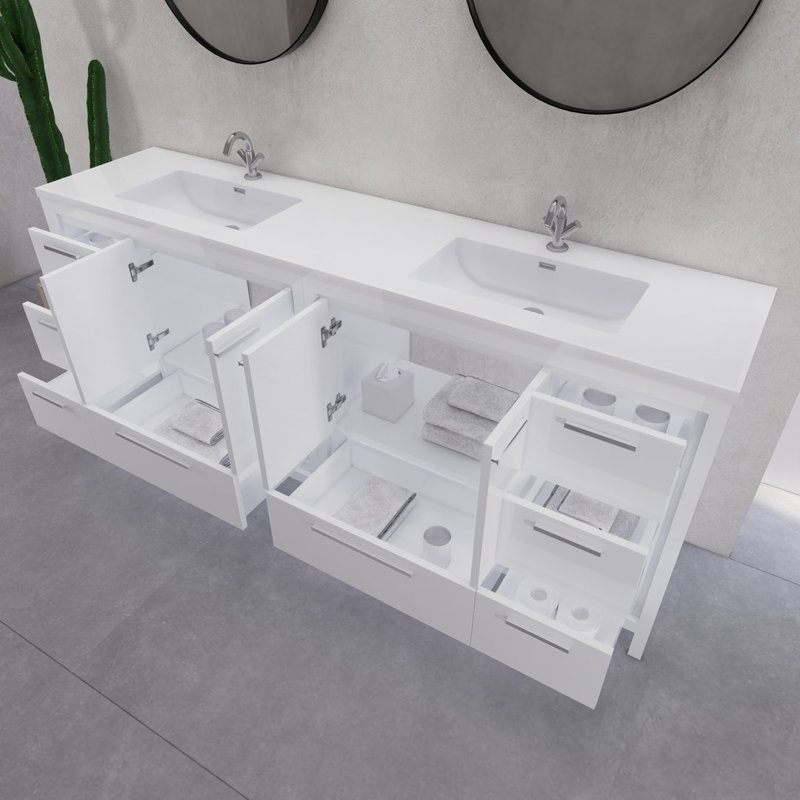 84" Double Sink Bathroom Vanity Set, Gloss White