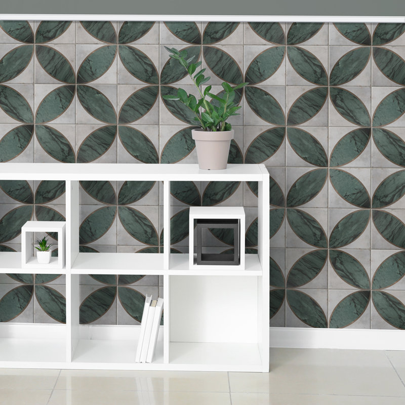Renaissance Deco 8" x 8" Porcelain Patterned Wall & Floor Tile, Green/White