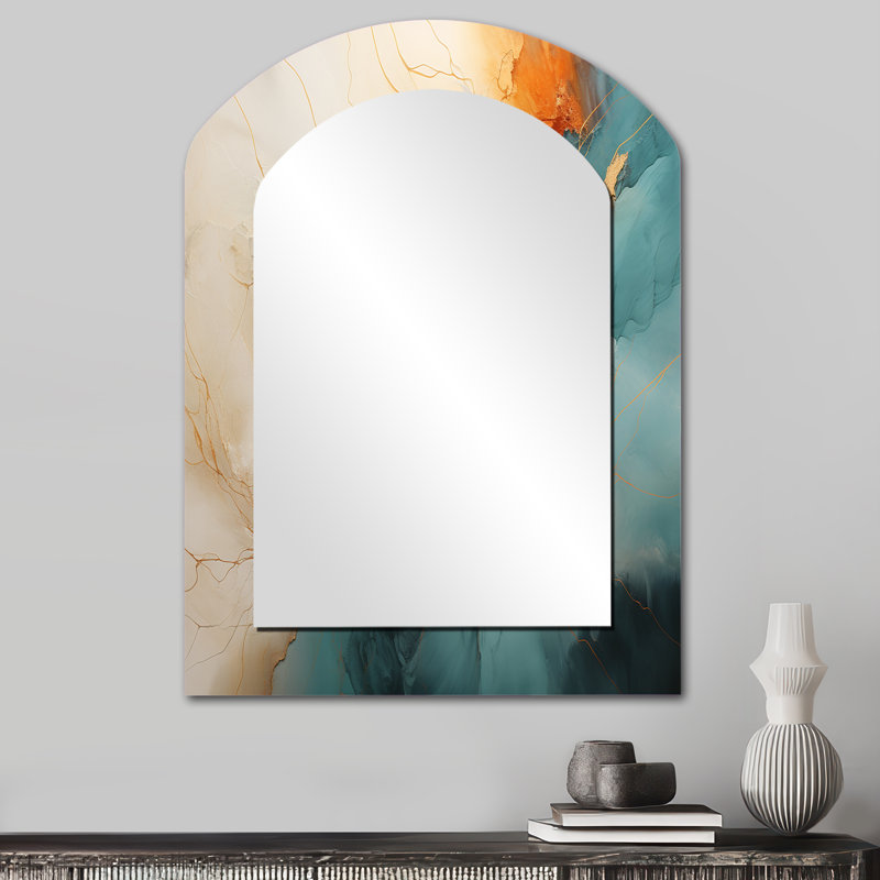 Teal Orange Bold Energy V - Abstract Arch Decorative Mirror On Metal, 34" x 25"