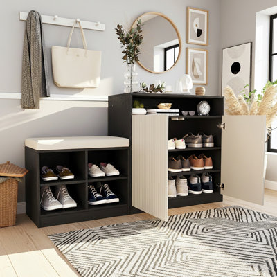 Armoire à chaussures réglable à 3 niveaux avec banc, coussin amovible et crochets
