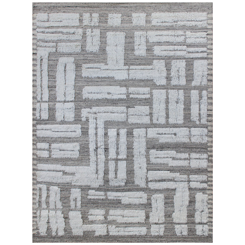 Tapis rectangulaire en laine noué à la main gris / blanc, Rectangle 6 pi x 9 pi