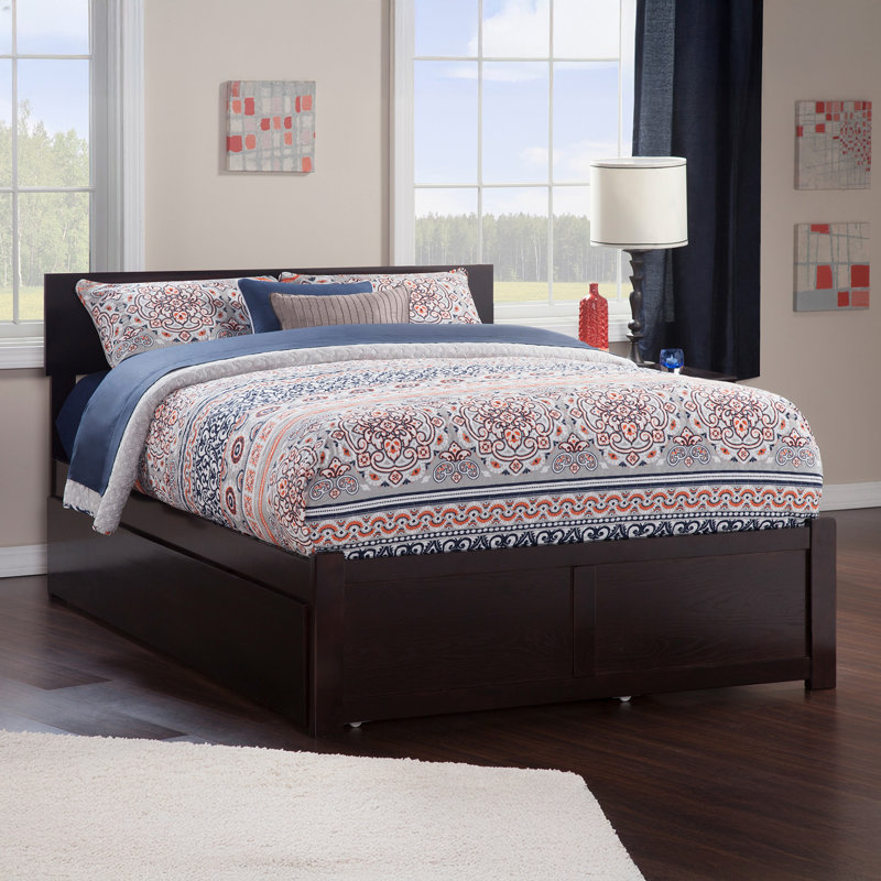 Orlando Solid Wood Platform Bed with Panel Footboard & Trundle, Espresso