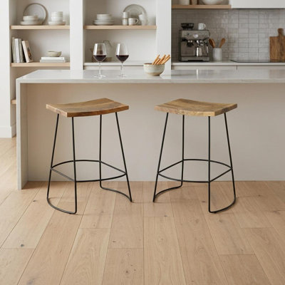 Set of Two 25" Natural and Black Solid Wood and Steel Backless Counter Height Bar Chairs