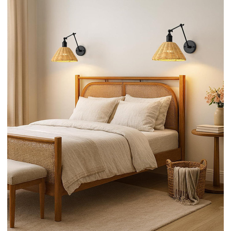Ensemble de 2 appliques murales à piles avec télécommande, éclairage sans fil en rotin avec luminosité et température de couleur réglables, installation facile, aucun câblage requis pour le salon de la chambre à coucher