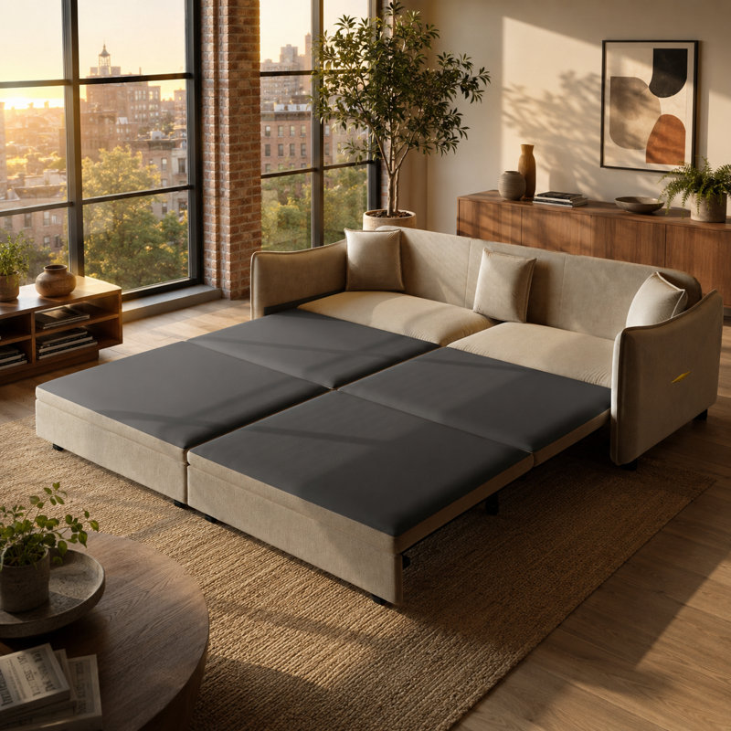 Canapé modulaire en velours de 81,9 po: canapé 3 places et large canapé-lit avec détails dorés, Tanné