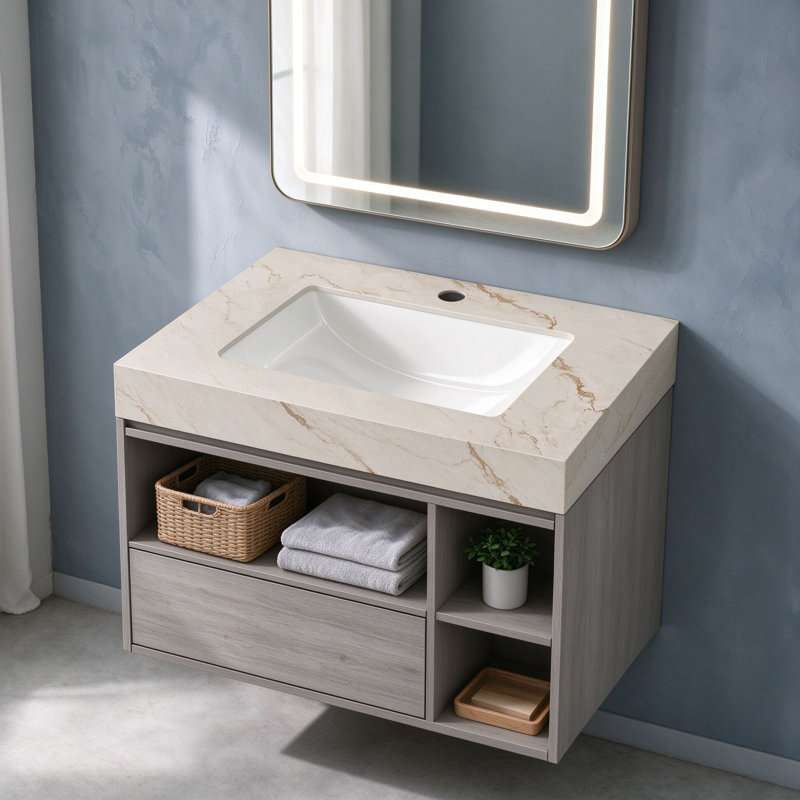 Comptoir en pierre frittée Topcraft 24 po couleur crème veinée or avec évier encastré en céramique