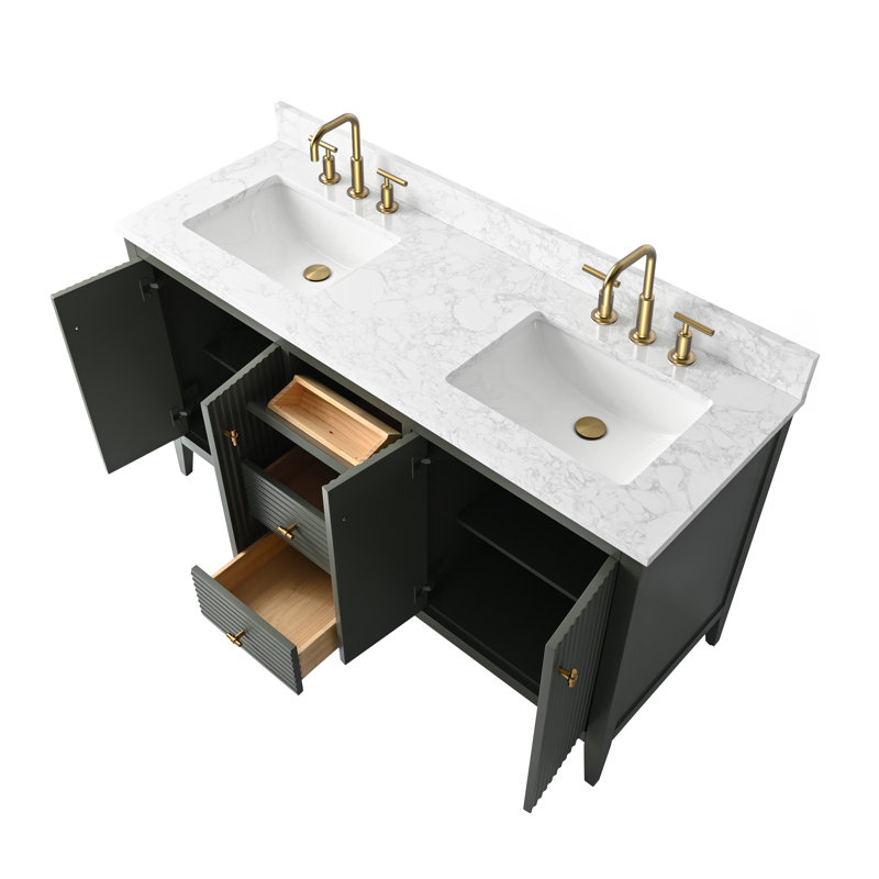 60" Double Bathroom Vanity Set, Golden Brushed, Linear Vintage Green