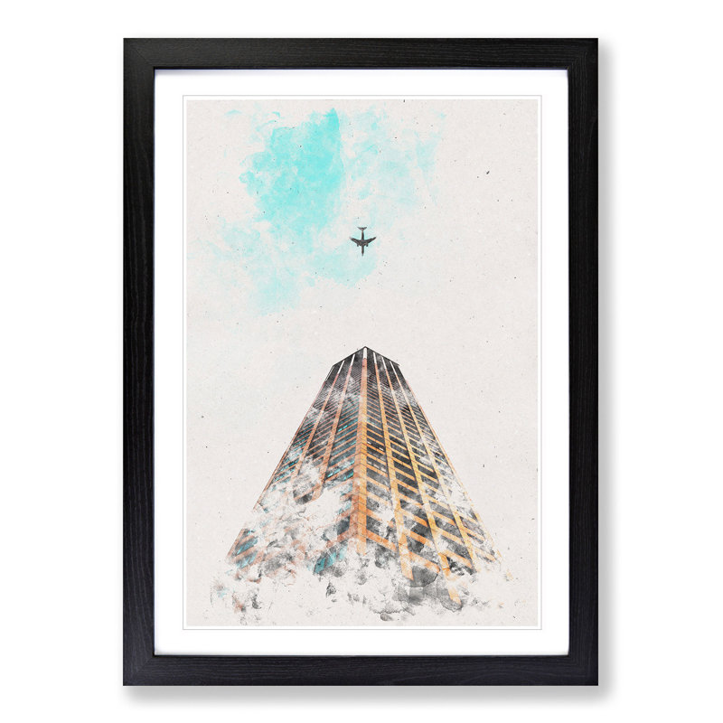 Airplane Flying Above Tokyo Watercolour - Picture Frame Graphic Art, 45cm H x 33cm W x 2cm D, Black Framed