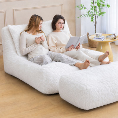 39.4" Wide Faux Fur Convertible Sofa Bed with Ottoman and Pillow（Plush White）
