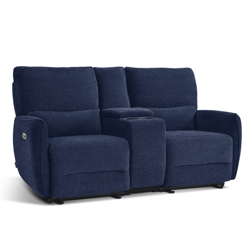 Electric Wall Hugger Recliner Loveseat Sofa with Console and Adjustable Headrest, Navy Blue