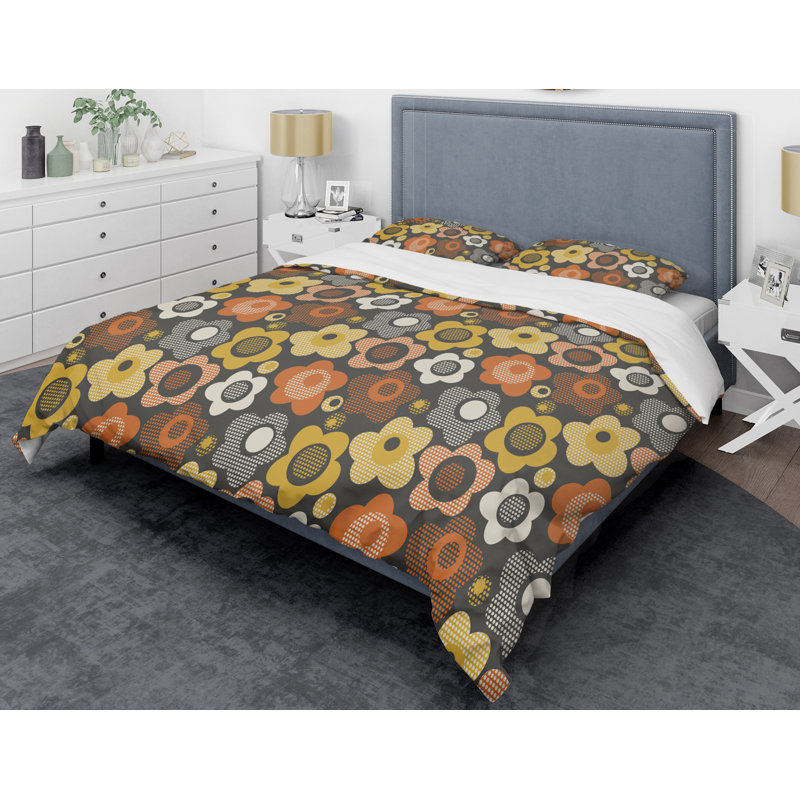 Ensemble de housse de couette de style mid-century rétro floral vii, Housse de couette très grand + 2 taies décoratives