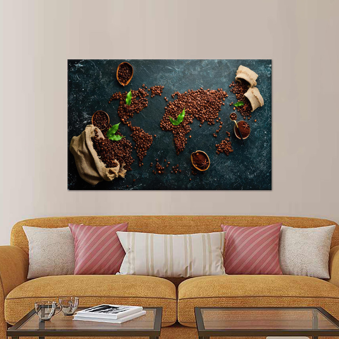 Framed Coffee World Map Wall Art in Modern Canvas for Kitchen Decor and Printable Wall Art Display