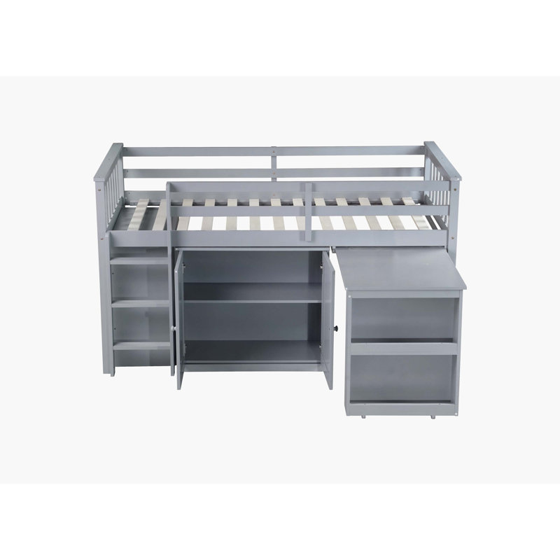 Grey Rubber Wood Watsons Loft Bed Equipped With Storage Cabinet, Drawers, Shelves, Pull-Out Desk, Safety Guardrail, And Ladder