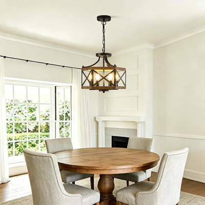 6-Light Farmhouse Chandelier, Dining Room Light Fixture with Metal Wood Cage, Rustic Hanging Pendant Light for Foyer Living Room Kitchen, 59 Inch Adjustable Chain for Flat and Slop Ceiling, E12