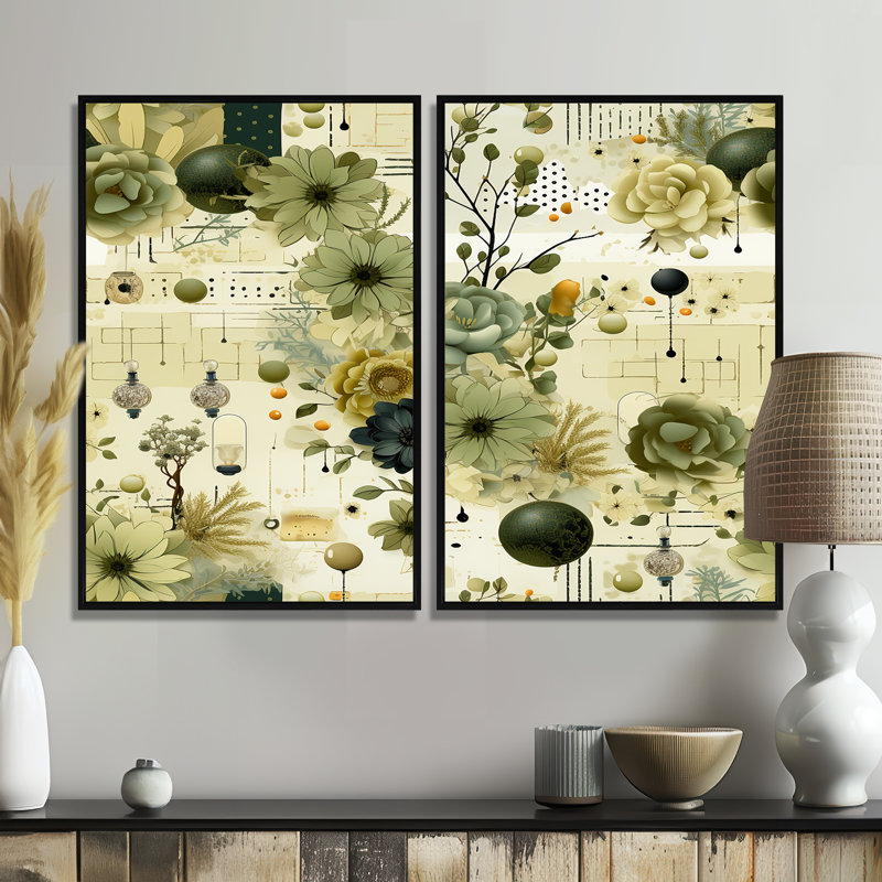 «Green Botanical Dreams» - art mural vert 2 pièces, 36" H x 48" W, Impression encadrée flottante, Black
