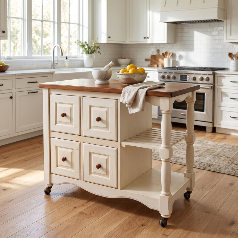 Chariot de cuisine 4 tiroirs 2 tablettes Littoral, Blanc antique