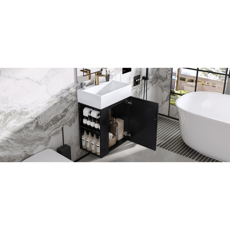 Meuble-lavabo compact et moderne, panneau de fibres à densité moyenne noir avec détails dorés pour les petits espaces