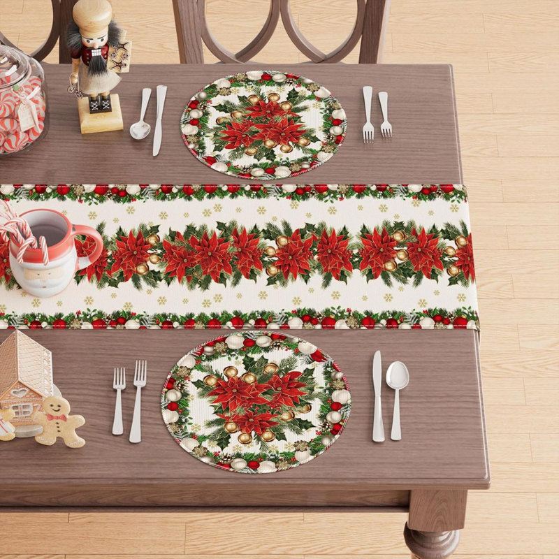 Christmas Poinsettias Leaves Bells Snowflakes Winter Xmas Round Placemats Set Of 4 Table Mats For Party Home Kitchen Dining Table Decorations