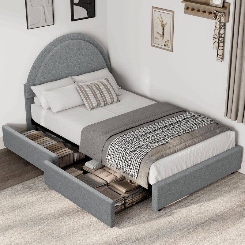 Twin Size Bed Frame with Storage Drawers, Upholstered Boucle Platform Bed, Round Headboard, Heavy Duty, Noise-Free, No Box Spring Needed, Light Gray