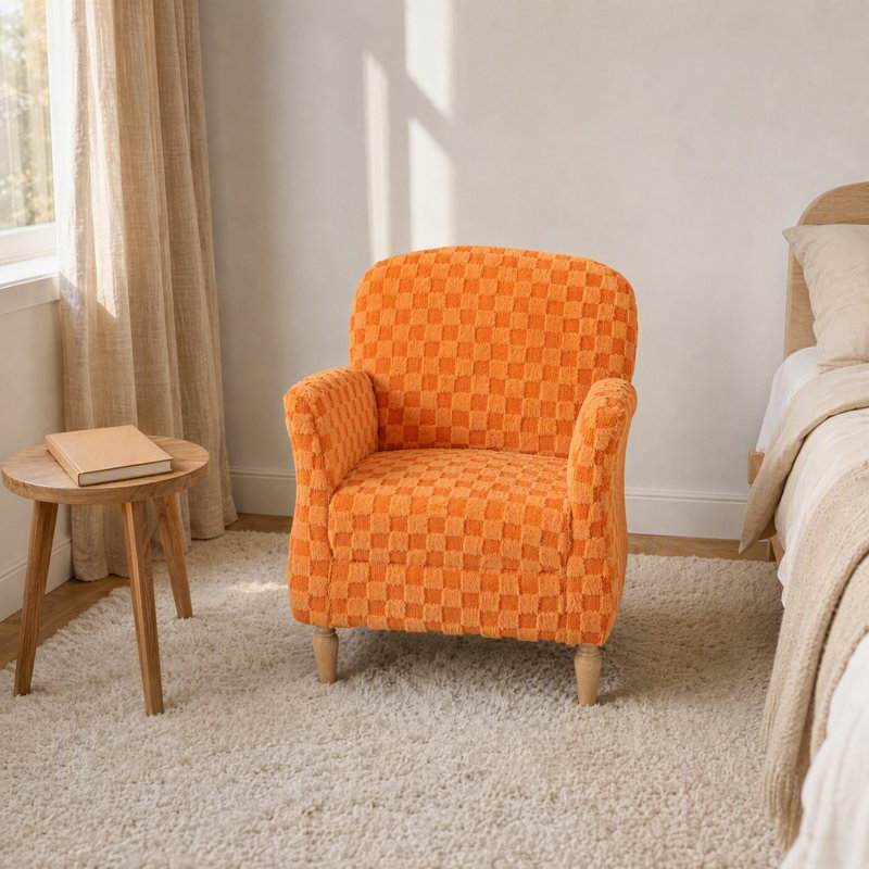 Chaise d'appoint rembourrée à carreaux avec pieds en bois massif, Orange
