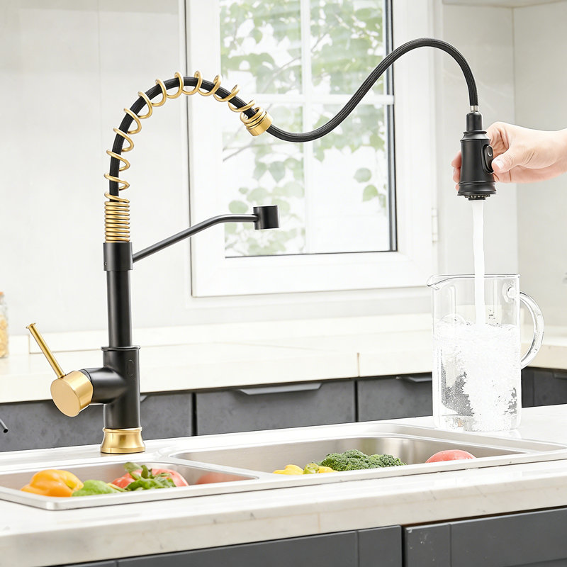 Robinet de cuisine, robinet de cuisine avec douchette rétractable, poignée simple, Noir et or