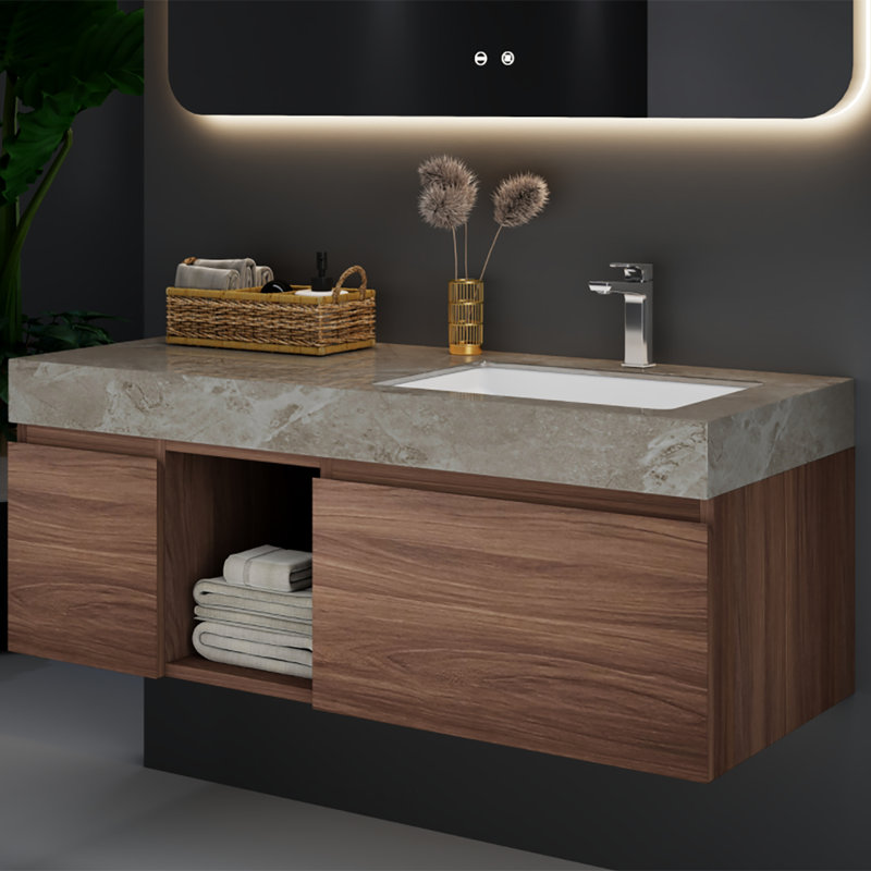Wall Mounted Single Bathroom Vanity Modern floating Vanities with Solid Wood, 2 Drawers, Walnut, Grey , 48"
