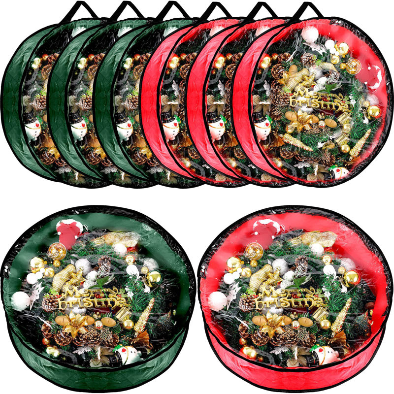 Red and Green Tear Resistant Fabric Christmas Wreath Storage Bags with Clear Window