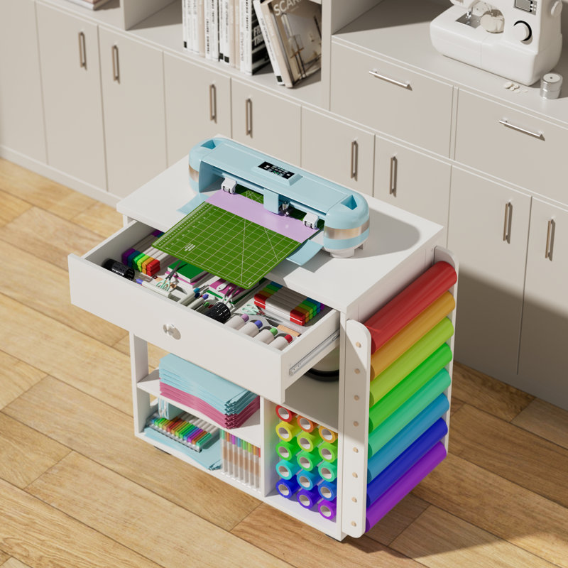 Craft Table Craft Cart Cricut Machine Crafting Cabinet Table for Craft Room, White/Silver