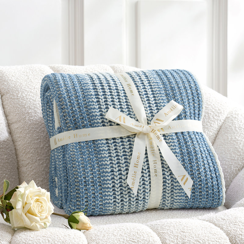 Luxurious Chunky Knit Soft Chenille Two-Tone Throw Blanket, Blue/Ivory Striped