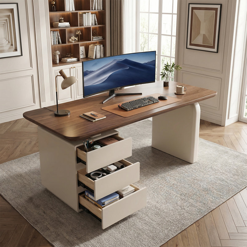 Bureau moderne en noyer de 70,9 po avec plateau en bois massif et 3 tiroirs de rangement Dunte