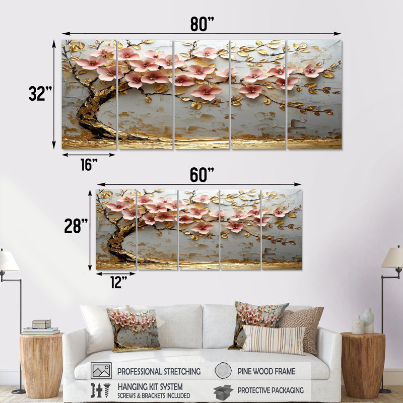 Rose et or cerisier en fleurs au bord du lac III - ensemble d'art mural cerisier en fleurs, H 28 po x l 60 po