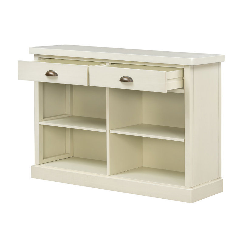 Console polyvalente avec tablettes ouvertes et tiroirs de rangement cachés - Table d'entrée de style campagnard, off-white