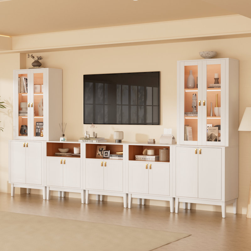 118" W Modular Entertainment Center & Display Cabinet with LED Lights, Glass Doors & Leather Handles,White,TV Stand for TVs Up to 75"