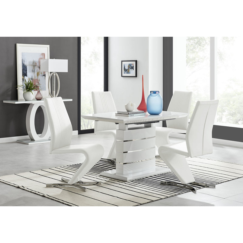 Everson High Gloss 4 Seat Extendable Dining Set with Luxury Faux Leather Upholstered Dining Chairs, White