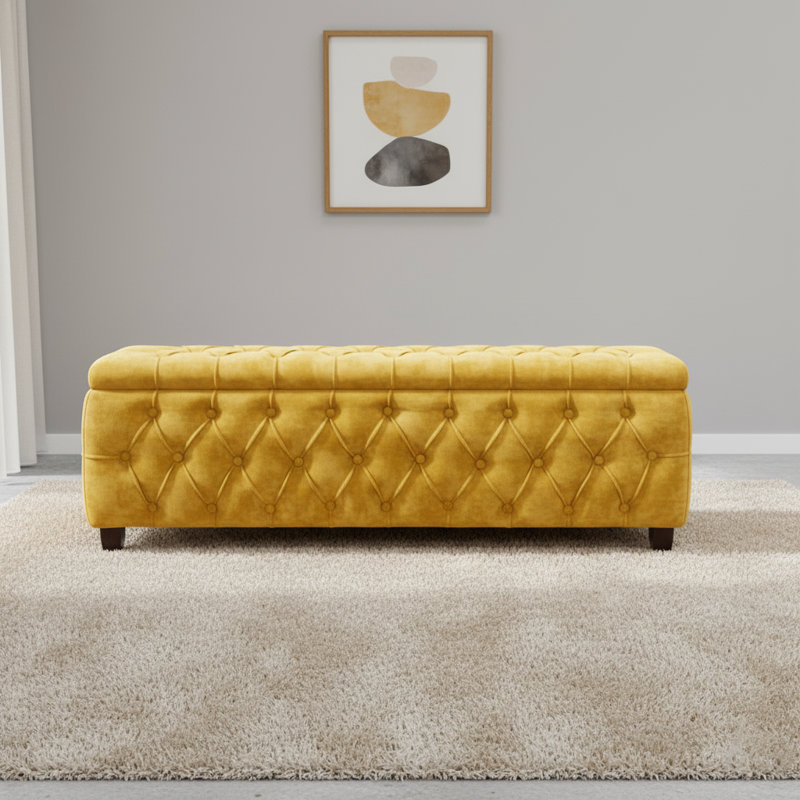 Riga Wide Velvet Tufted Rectangle Solid Color Ottoman Box with Storage, Upholstered Footstool Shoes Bench with Legs