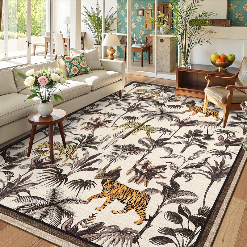 Tiger Area Rug for Living Room, Machine Washable Non-Slip Low Pile Rug, Botanical Jungle Animal Print Rug, Stain-Resistant Soft Foldable Floor Covering
