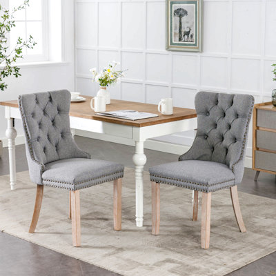 High-End Tufted Solid Wood Contemporary Flax Upholstered Linen Dining Chair With Wood Legs Nailhead Trim 2-Pcs Set