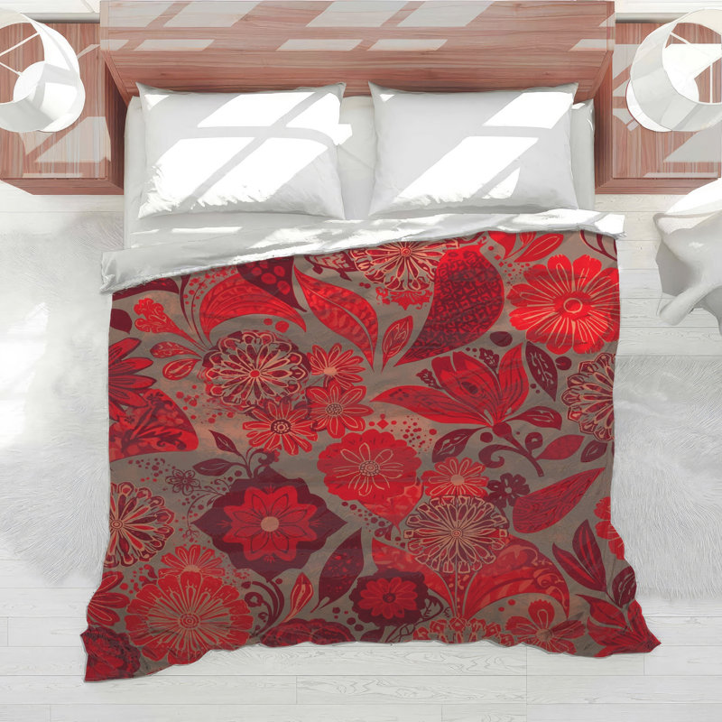 Édredon rouge à motif floral, Lit simple