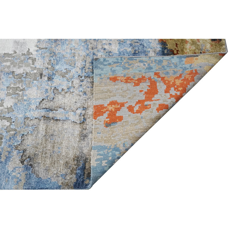 Tapis rectangulaire en laine / soie noué à la main bleu / orange / gris, Rectangle 8 pi x 10 pi