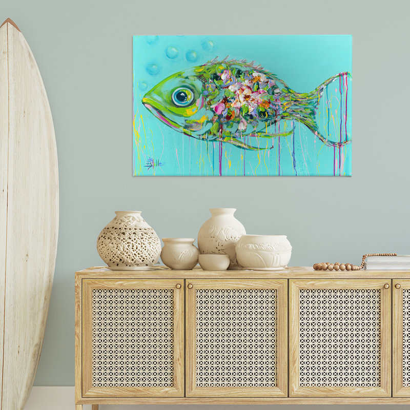  «Painterly Drip Fish», art mural sur toile par Estelle Grengs, H 30 po x l 45 po