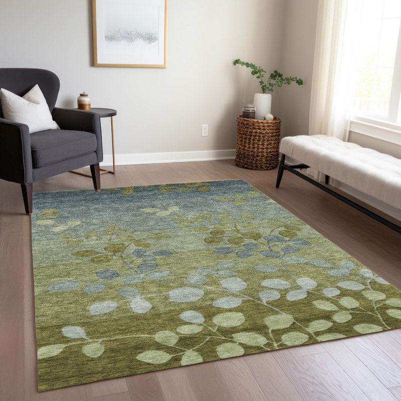 Tapis olive intérieur / extérieur lavable à la machine Xhevrie, Rectangle 2 pi 6 po x 3 pi 10 po