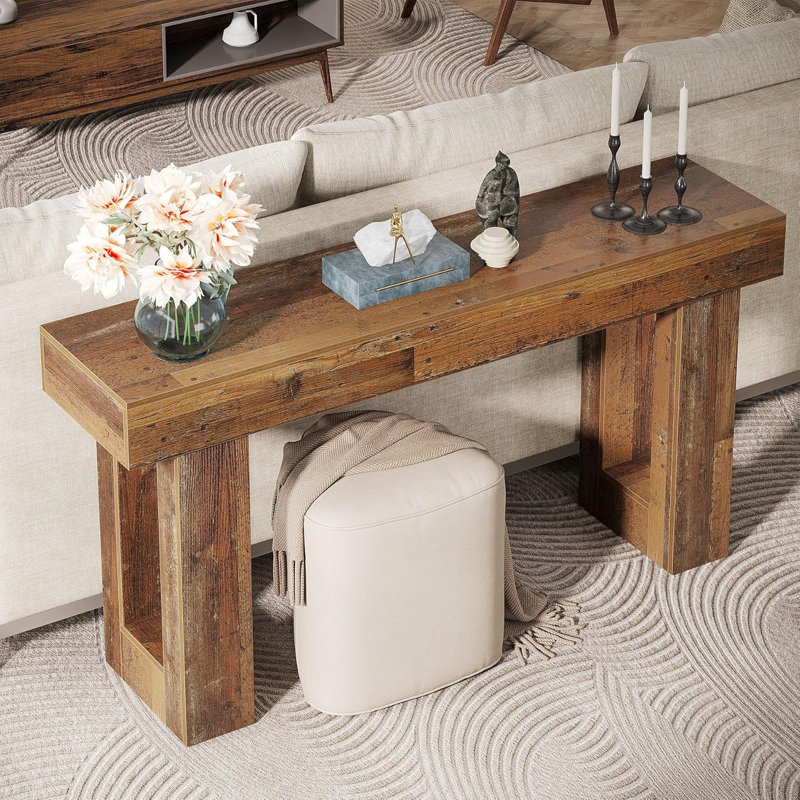 Natural Wood 63-Inch Console Table With Thick Top And Chunky Legs - Rustic Farmhouse Sofa Table For Entryway, Living Room, Or Hallway - Solid Wood Construction