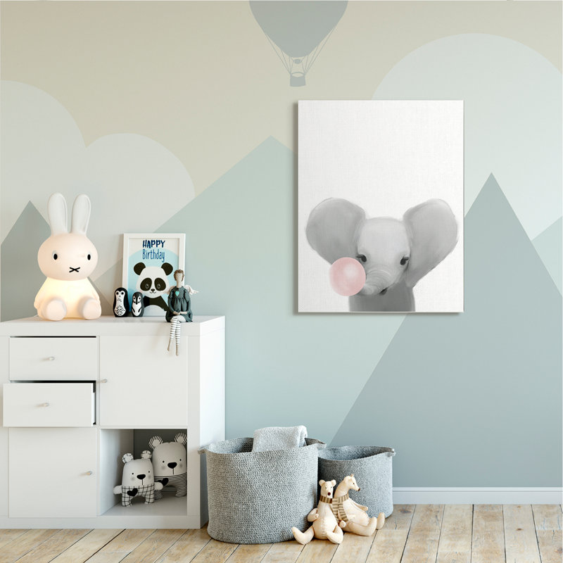 Bébé éléphant avec gomme à bulles rose, Toile tendue, H 48 po x l 36 po x P 1,5 po